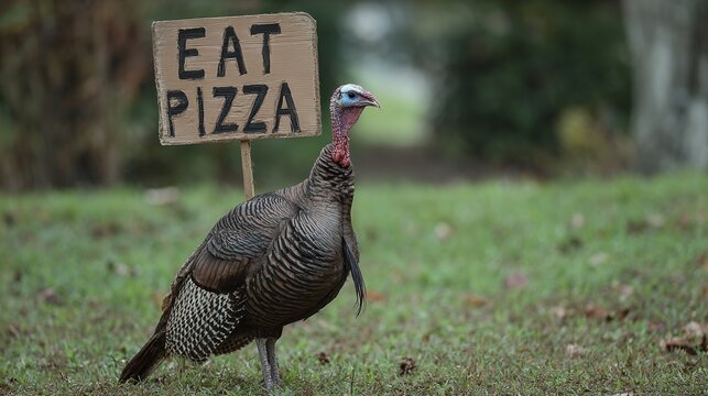 Funny turkey holding an Eat Pizza sign in outdoor setting promoting alternative Thanksgiving meal ideas offering a humorous holiday twist