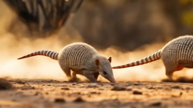 Armadillos dashing across arid terrain