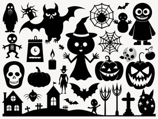 Set of halloween silhouettes vector illustration scalable icon collection for spooky designs silhouette Vector white background