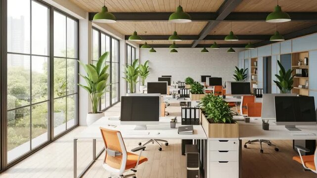 Modern office in eco style with open workspace featuring large windows and natural plants. Eco-friendly office design includes bright furniture and collaborative areas.