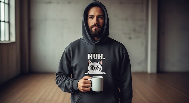 Man in dark hoodie with huh cat graphic holding a white mug in a studio setting