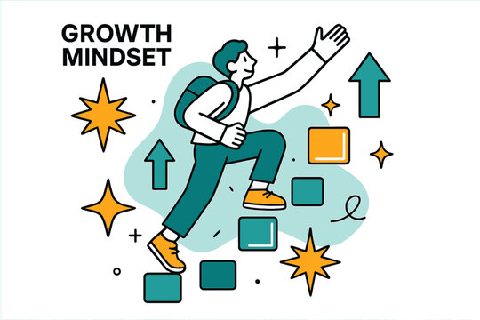 Climbing Growth Ladder. Growth mindset. Individual climbing a floating ladder of glowing geometric shapes, abstract stars and upward arrows highlighting