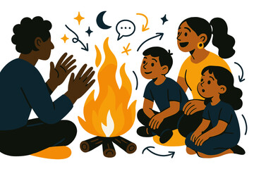 Generational Storytelling Art. Passing down stories through generations. Storyteller's hands, glowing fire, mesmerized listeners. Modern flat vector scene with