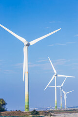 Fototapeta premium White wind turbines stand on the coast