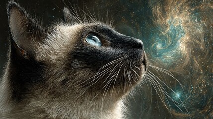 Obraz premium A close-up of a cat's face, gazing upward at the starry sky