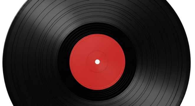 Close-up of a black vinyl record with a red label