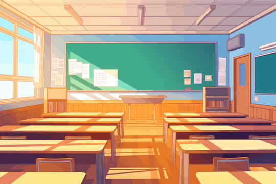 Cartoon empty school classroom with a chalkboard, vector illustration