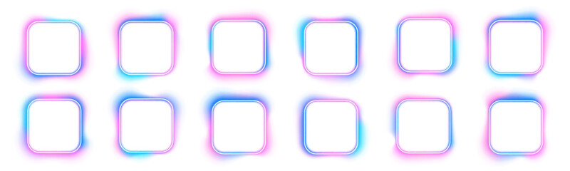 Neon square frames with illuminated borders and transparent backgrounds. Minimalistic and clean design for modern compositions. Easy to integrate into any layout.