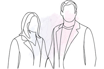 Minimalist continuous line drawing a couple holding hands with abstract watercolor single line