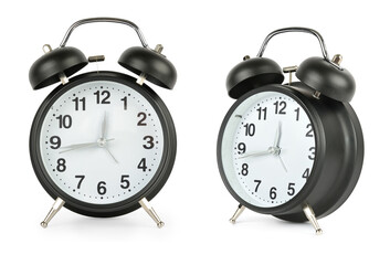 Classic Black Twin Bell Alarm Clocks Isolated on White Background Showing Different Angles