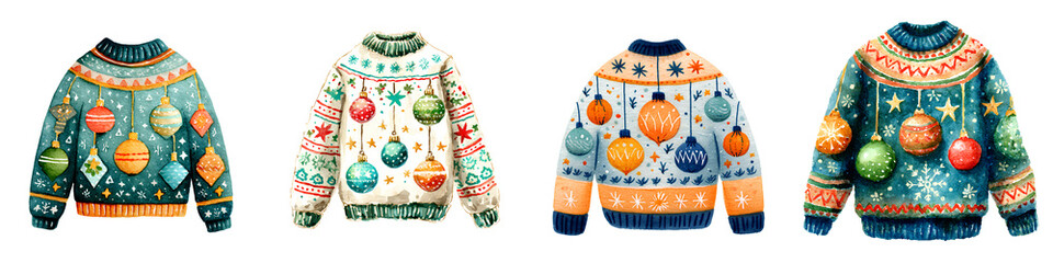 Set of watercolor illustration of Christmas ugly sweater with festive ornaments and snowflakes, isolated on transparent background.