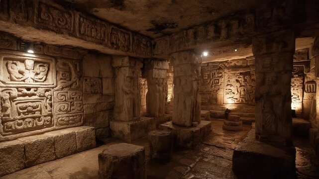 Ancient Mayan Temple Interior with Carved Stone Walls, Columns, and Hieroglyphs illuminated by Soft Light, Archaeological Site