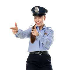 Young policewoman in uniform posing on white background