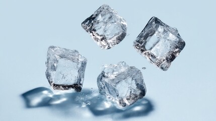Obraz premium Four clear ice cubes tumble against a soft blue surface splashing tiny droplets of water. The scene evokes a sense of coolness and refreshment in a warm setting.