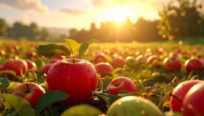Fresh red apples on the ground in orchard during golden sunset harvest