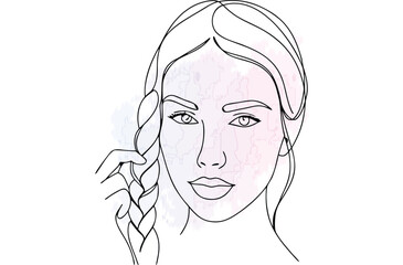 Minimalist continuous line drawing a woman with braided hair watercolor accents single line
