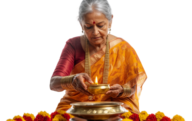 Aged woman honoring Diwali celebration by lighting lamp with gentle hands filled with reverence and grace isolated on transparent background PNG