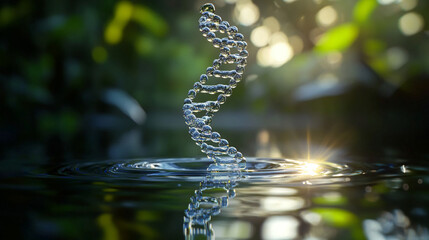 A DNA helix model is reflected in a single drop of water in hyperrealistic detail. The scene conveys precision, scientific elegance, and the delicate interplay of light, transparency, and molecular st