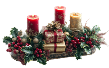 Beautiful holiday table arrangement featuring glowing candles and holly symbolizing Christmas celebration isolated on transparent background PNG