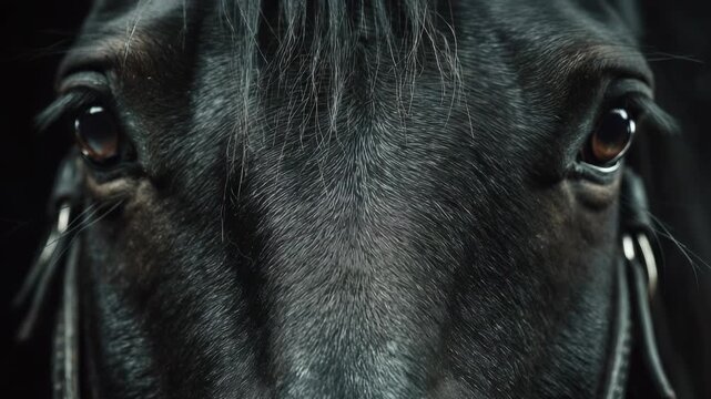 Close-up of a Majestic Black Horse's Eyes with Bridle, Showing Detail and Texture, on a Dark Background