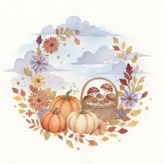 Watercolor painting of a harvest arrangement featuring pumpkins, mushrooms, and autumn foliage against a soft sky backdrop.
