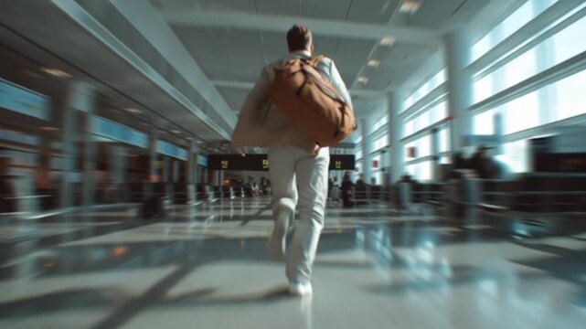 A cinematic handheld shot captures a traveler rushing and running toward the departure gate, conveying urgency, motion, and anticipation as they navigate the bustling airport terminal in a dynamic way