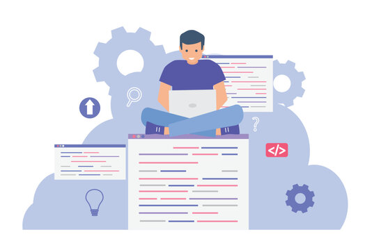 Script coding and programming in php, python, javascript, other languages. Programmer working with laptop online among windows and programs flat vector illustration.