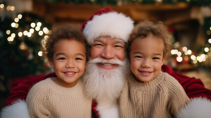 Two happy children with Santa Claus at Christmas, festive decorations and lights, joyful holiday moment full of warmth and cheer Christmas portrait, Santa and kids, family Christma