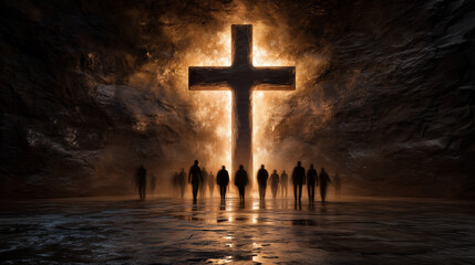 People walking toward a glowing cross-shaped light in a dark stone wall, concept of faith, salvation and divine hope glowing cross, divine light, spirituality, faith, hope, symboli