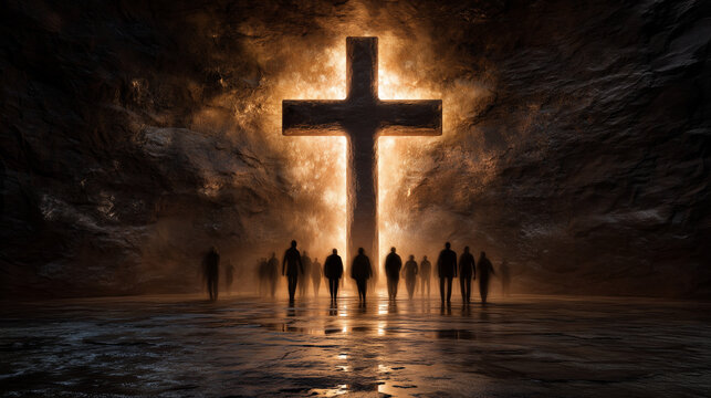 People walking toward a glowing cross-shaped light in a dark stone wall, concept of faith, salvation and divine hope glowing cross, divine light, spirituality, faith, hope, symboli