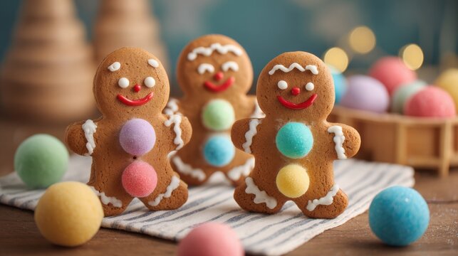 Three gingerbread cookies stand on a striped cloth each adorned with frosting and colorful candy buttons. Soft pastel balls are scattered nearby creating a festive atmosphere.