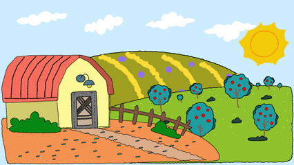 A delightful and whimsical children’s sketch depicting a peaceful rural scene. Featuring simple lines and bright colors, it showcases farmland, animals, and nature through the innocent eyes of a child