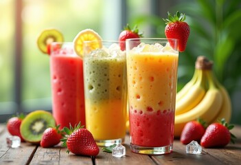 Colorful Fruit Smoothies in Clear Glass Jars Bursting with Freshness and Flavorful Ingredients