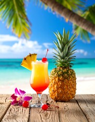 Tropical cocktail and pineapple with a beach and palm tree background