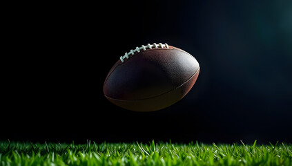 An American football rests on lush green grass under a dramatic, dark sky, with subtle light highlighting its texture, evoking an intense game atmosphere