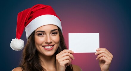 Woman in santa hat holding blank white card. Christmas message for greeting card or holiday advertisement. Seasonal celebration.