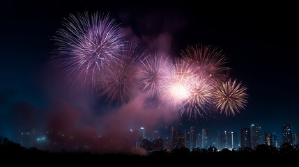 Happy New Year 2026 fireworks over modern city skyline, night celebration, colorful lights, festive atmosphere, crowd cheering, cinematic night view, party mood, energy, sparkle
