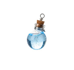 Blue potion bottle with cork stopper isolated on black background close up view on transparent background