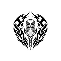 Striking vintage microphone encircled by tribal tattoo design, perfect for music enthusiasts or a bold statement piece, adding an edgy flair to your project