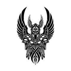 Powerful warrior emblem with wings, spear, and helmet evoking strength and nobility, ideal for gaming, fantasy, and historical themes
