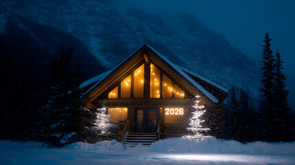 Fototapeta premium Winter cabin in mountains with glowing 
