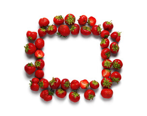 Frame made of many sweet strawberries on white background