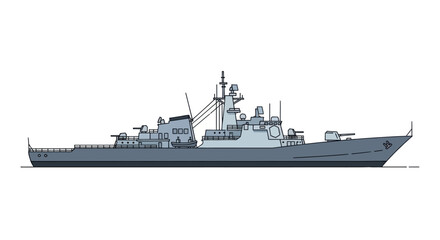 Detailed Illustration of a Modern Warship with Radar and Gun Turrets. © wongpunduh