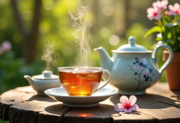 Fototapeta premium Elegant Teaware Amidst Lush Nature Tranquility Serene Afternoon Relaxation