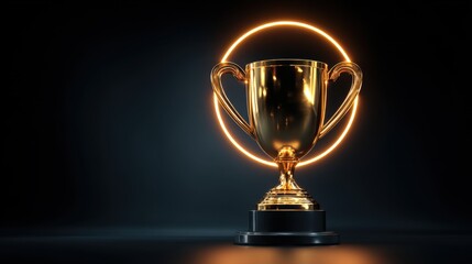 A golden trophy stands proudly on a base encircled by a soft glow. This symbol of victory radiates against a dark backdrop highlighting accomplishments and recognition in various fields.