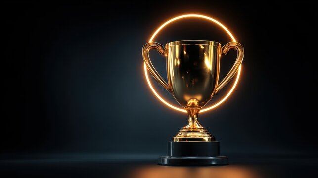 A golden trophy stands proudly on a base encircled by a soft glow. This symbol of victory radiates against a dark backdrop highlighting accomplishments and recognition in various fields.