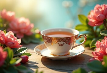 Fototapeta premium Elegant Teaware Embracing Nature in a Serene Garden Setting with Lush Greenery, Blooming Flora and Gentle Breeze