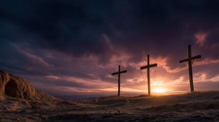 Obraz premium Three crosses on Golgotha at twilight. The central cross illuminated by heavenly light symbolizes sacrifice, divine sorrow, and eternal hope.
