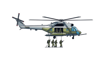 Military Helicopter Transporting Soldiers Suspended Below.