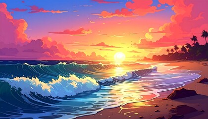 Tropical sunset over the ocean waves and beach, with palm trees